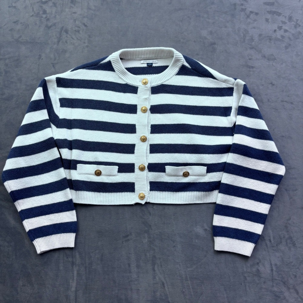 American Eagle Striped Cropped Cardigan Navy White Gold Crest Buttons Large